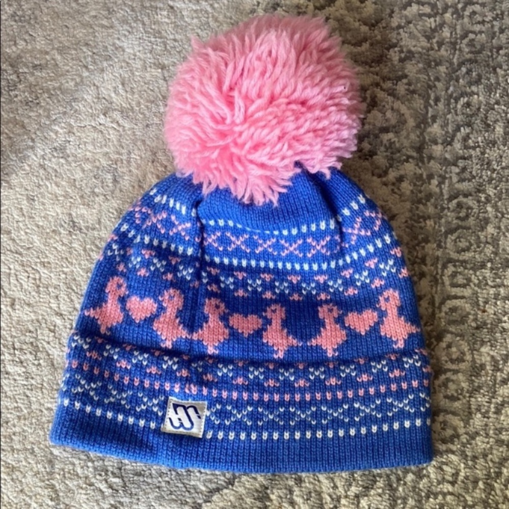B1G2F 🚨 100% Wool Canadian Made Kids Blue & Pink Knit Hat with Pink Pom-Pom